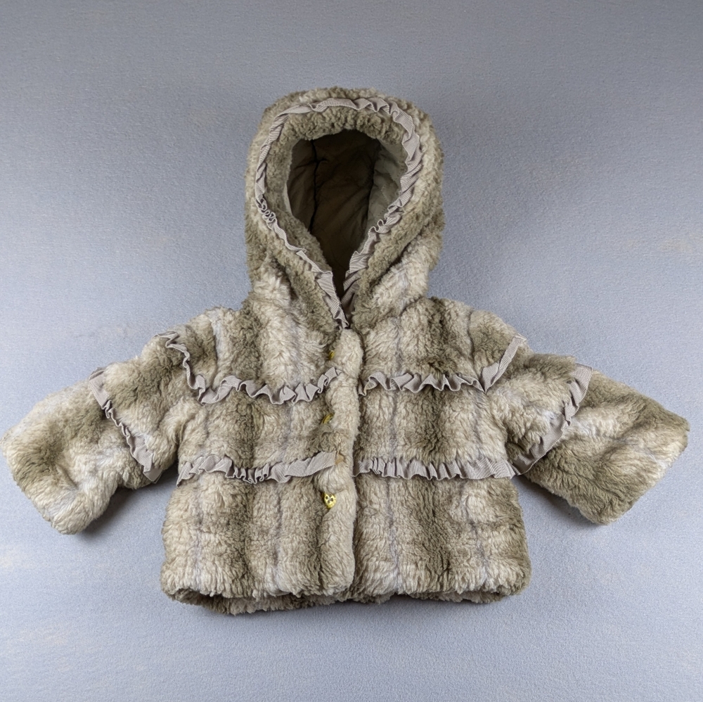 Vintage Y2K Juicy Couture Faux Fur Jacket Baby Girl 12 Months Button Up Hoodie